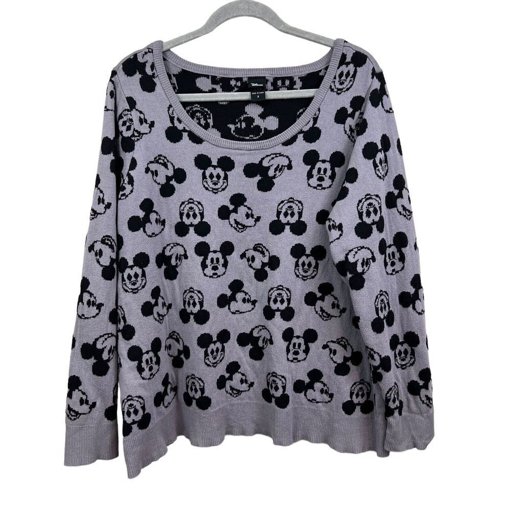 Disney Mickey Mouse Sweater Scoop Neck ribbed Hem Gray Black Women Size 2*